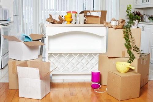 Packed office equipment ready for relocation in Nine Elms