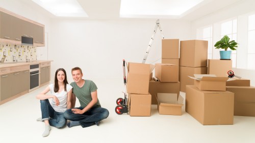 Well-organized packed boxes ready for moving day in Nine Elms