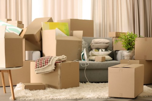 Packed boxes and moving supplies prepared for Nineelms removals